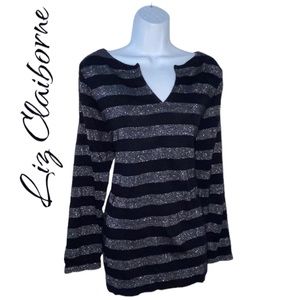 Liz Claiborne Sport Black Silver Metallic Stripe V-Neck Knit Top - Large